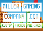 Miller Gaming Company Logo with Generic Game Background and white outlined letters. miller gaming company .com custom arcade machines